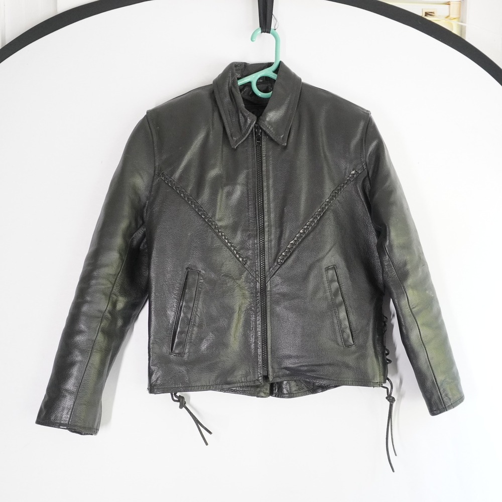 VTG Genuine Leather Motorcycle Jacket Braided Detail Black Biker Coat S Lined